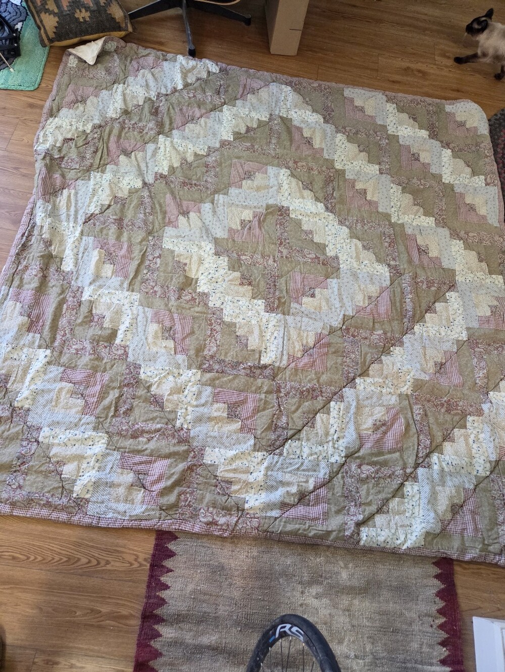 Handmade Patchwork Quilt Full Queen 81x79 Sage Green Beige Diamond Blanket